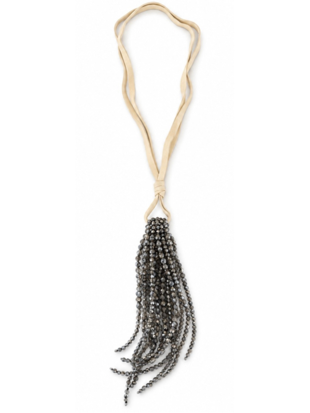 Beymen Turkish Luxury Leather Beaded Tassel Necklace Silver/Gray and Beige 34in
